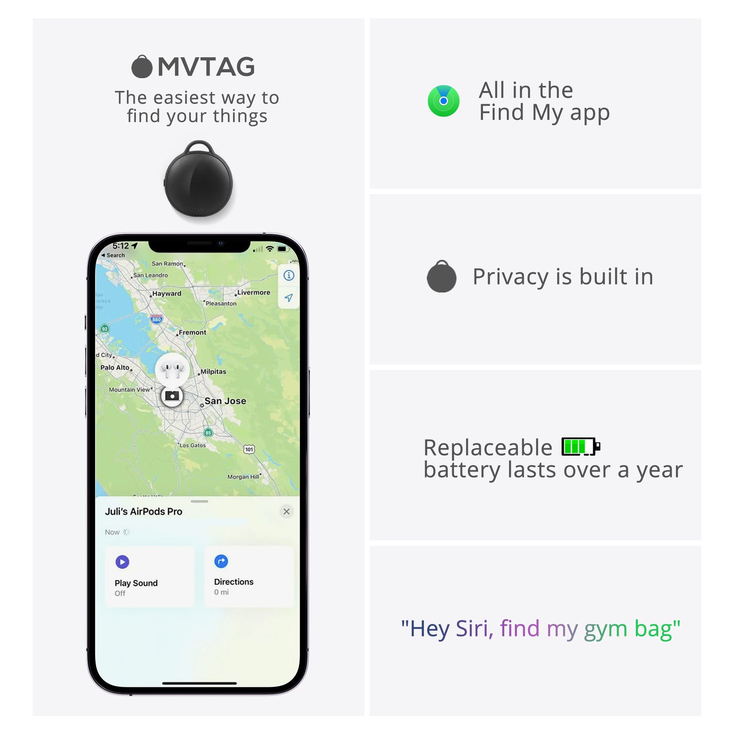 MVTAG Waterproof Bluetooth Tracker and Item Locator - Compatible with iOS Find My App - Replaceable Battery,Ideal for Keys, Bags, and Personal Items
